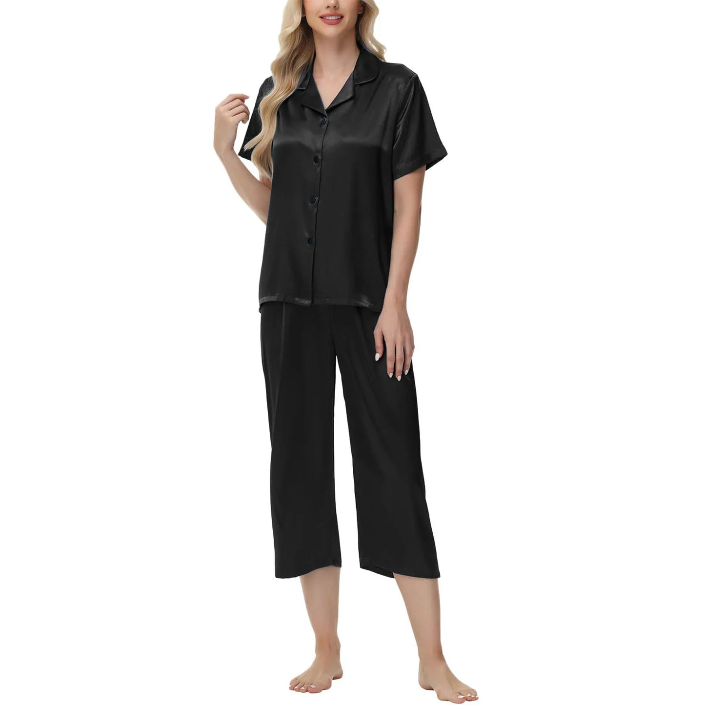 Women'S Pajama Set Burgundy Silky Fabric Short Sleeve Fashion Pants Home Clothes Bedroom Leisure Scene Stay At Home
