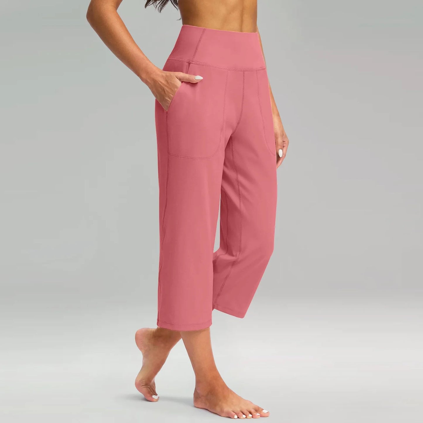 Casual straight sweatpants for women Elastic High Waist 3/4 Pants Sports Capris Leg Pants With Pockets Comfortable Trousers