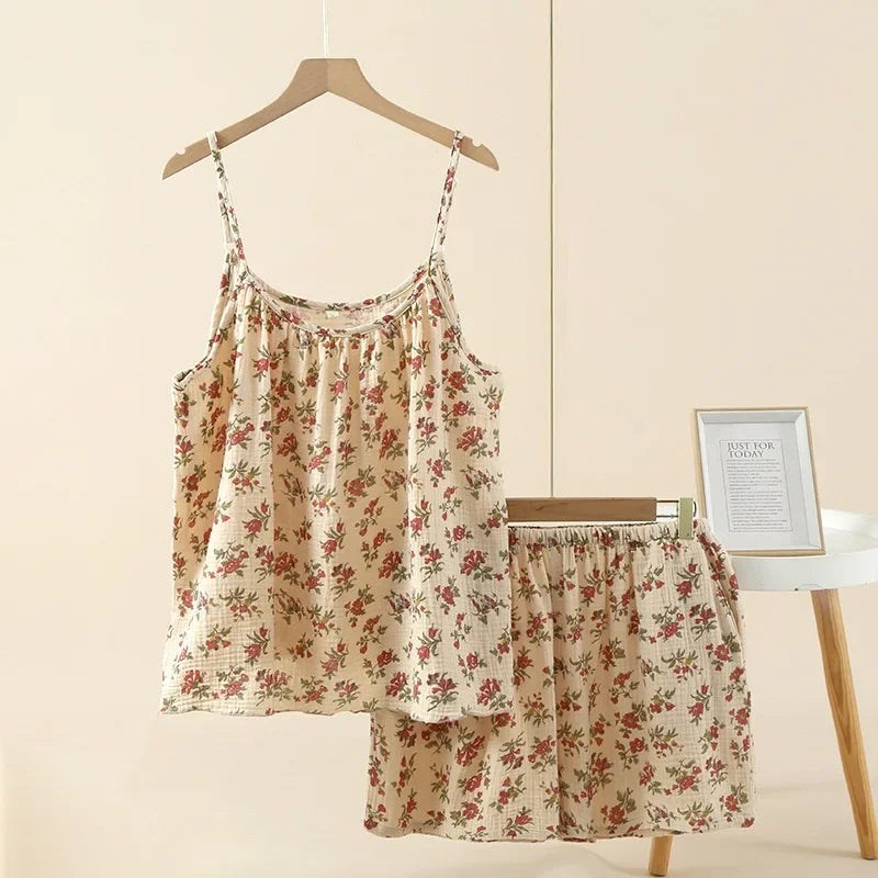 100% Cotton Women's Pajama Set Woman 2 Pieces Spaghetti Strap Sleepwear Women Floral Print Pajama Strap