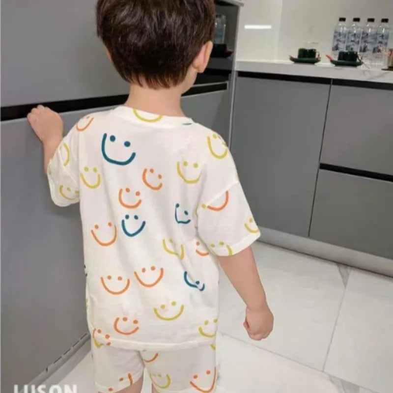 Summer Home Clothes Air-conditioned Clothes Boys and Girls Ice Silk Fabric Loose Short Sleeved Shorts Two-piece Set of Pajamas