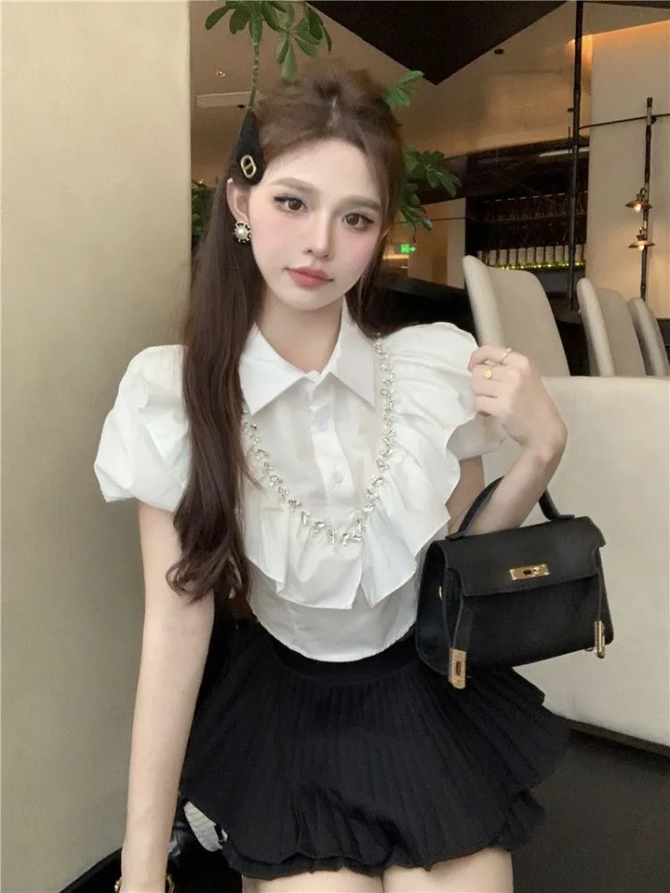 White Women Blouses 2025 Blusas Mujer De Moda Puff Sleeve Slim Fit Heavy Diamond Crop Tops Ruffles Sweet Summer Blouse Shirts