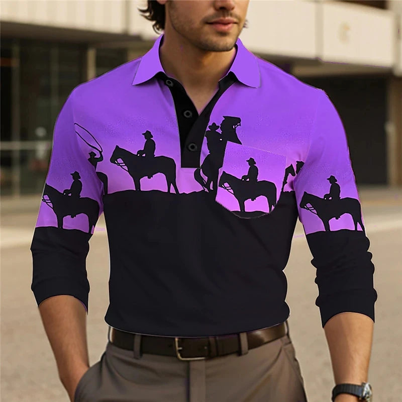Men's Cowboy Graphic Polo Shirts Casual Long Sleeve Turndown Vintage Outdoor Casual Polo Shirts Streetwear 3D Mens Tshirt Tops