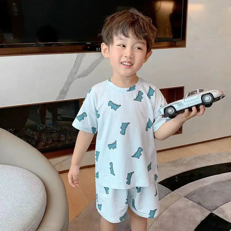 Summer Home Clothes Air-conditioned Clothes Boys and Girls Ice Silk Fabric Loose Short Sleeved Shorts Two-piece Set of Pajamas