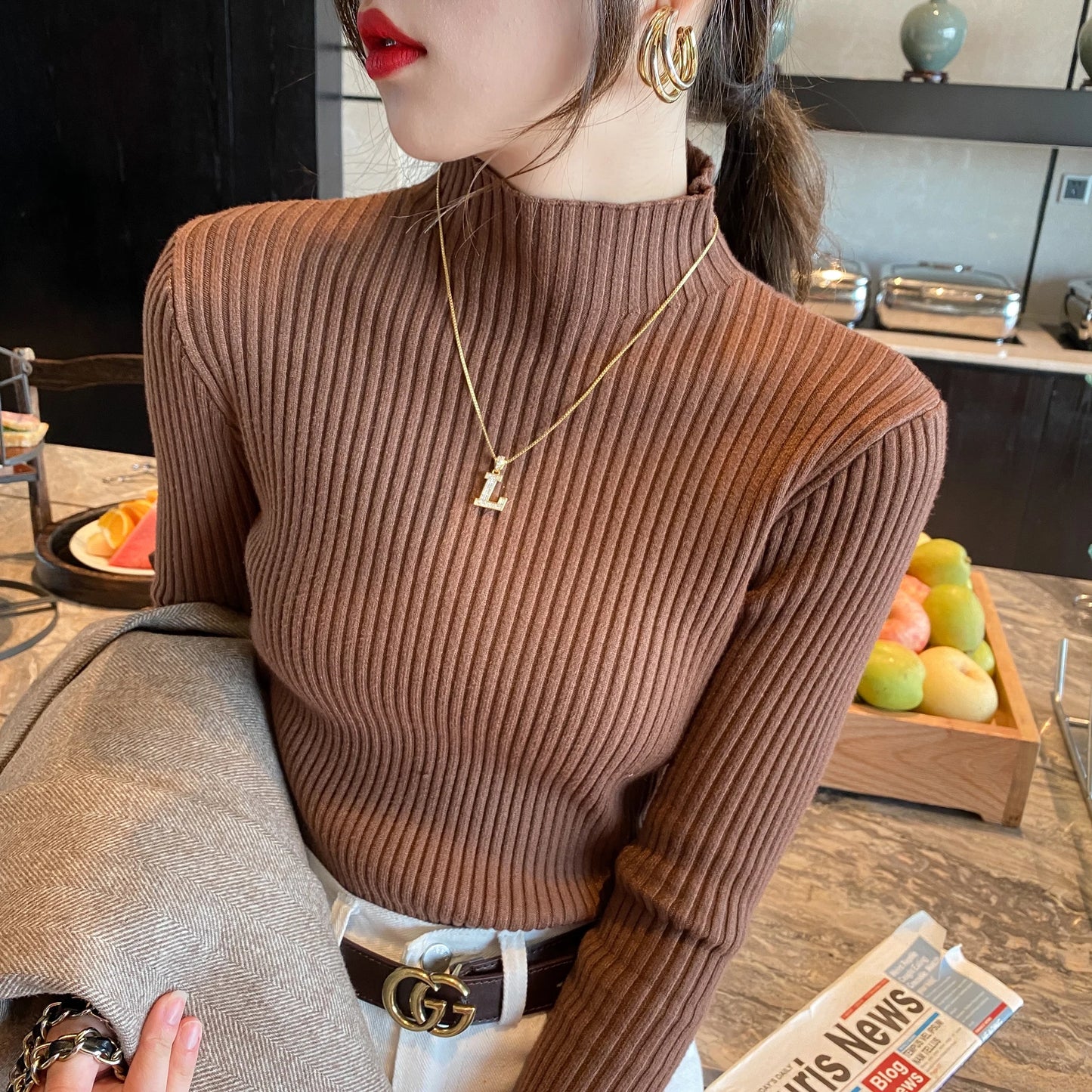 Winter Long Sleeve Mock Neck Knitted Women Sweater Pullover Slim Knit Sweater Women Tops Blusas Mujer De Moda 2024 Blusa J995