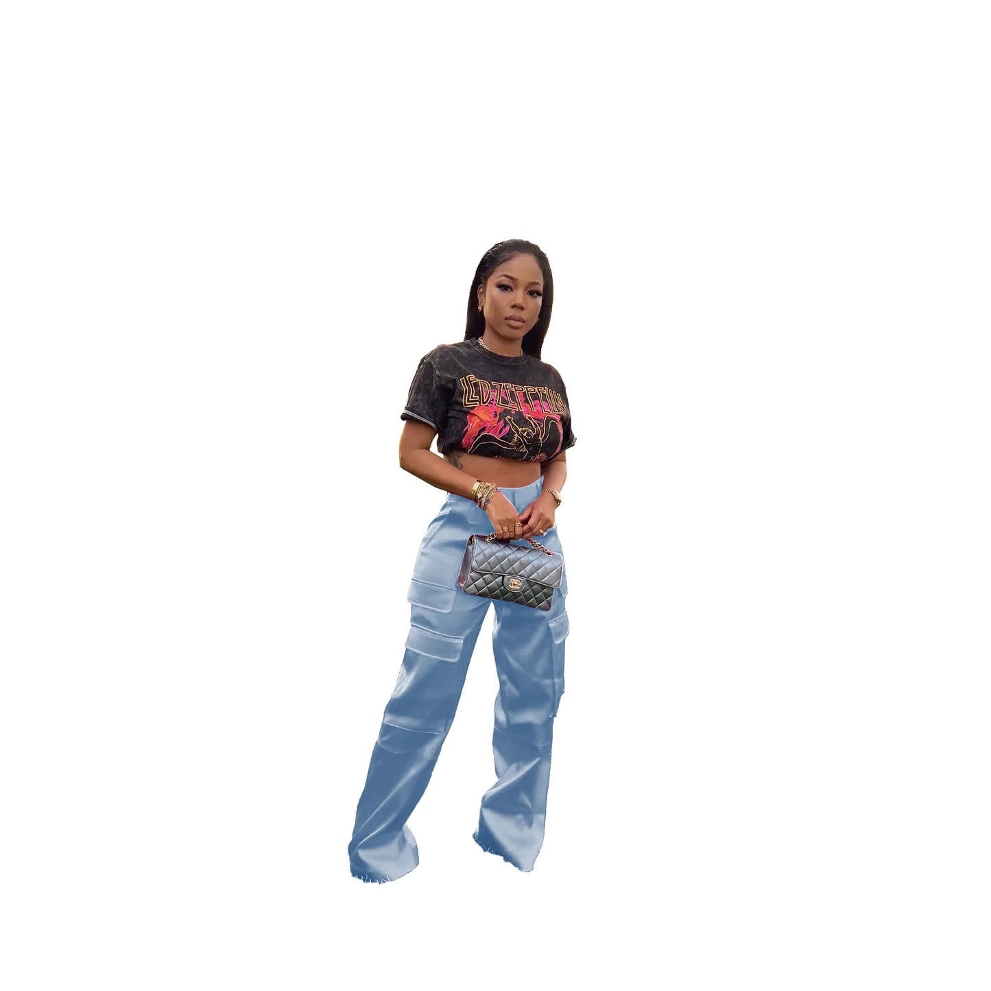 Women Pants Spring Summer Casual Satin Stretch High Waist Cargo Pants With Pocket Streetwear Solid Wide Leg Pants Flare Trouser