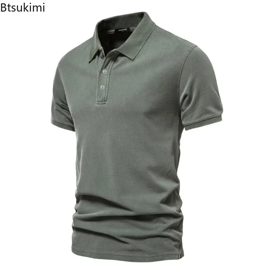 2025 Men's Summer Short Sleeve Lapel Polo Shirts 100% Cotton Solid Slim T-shirts Fashion Casual Business Golf Sport Tops for Men