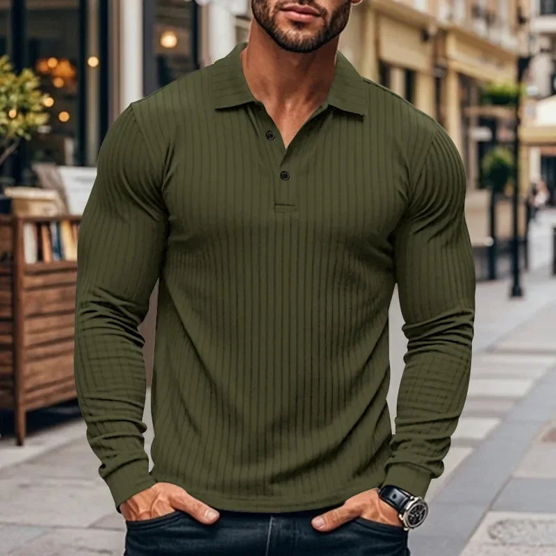 Business Striped Polo Shirt Men 2025 Autumn Men's American Lapel Tops Button-up Long-sleeve T-shirt Elastic Stripe Polo Shirts