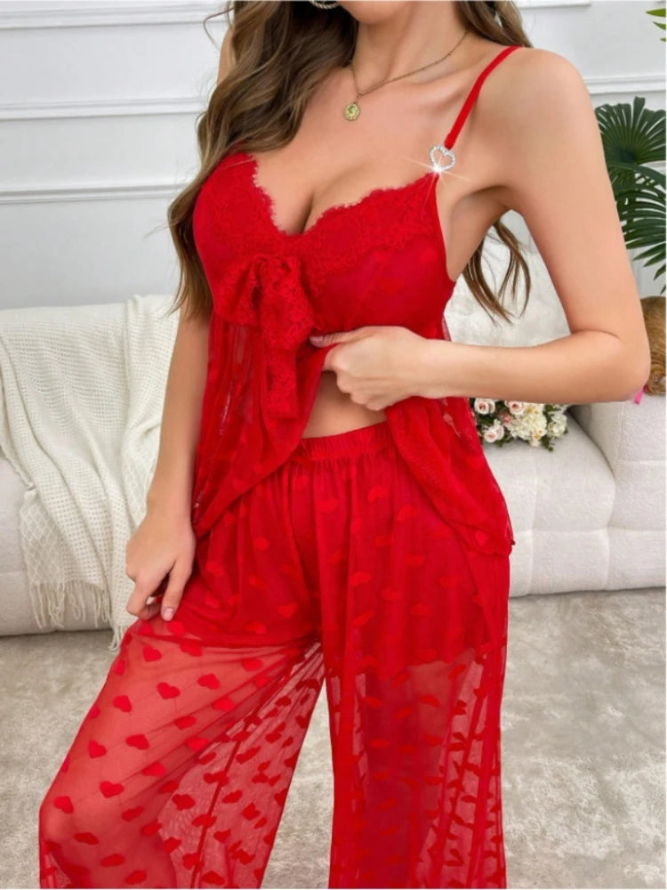 Sexy Ladies Pajama Set 2-piece Lace Heart Transparent Strappy Bra and Long Pants Petal Lace Lingerie Set Sexy Sleepwear