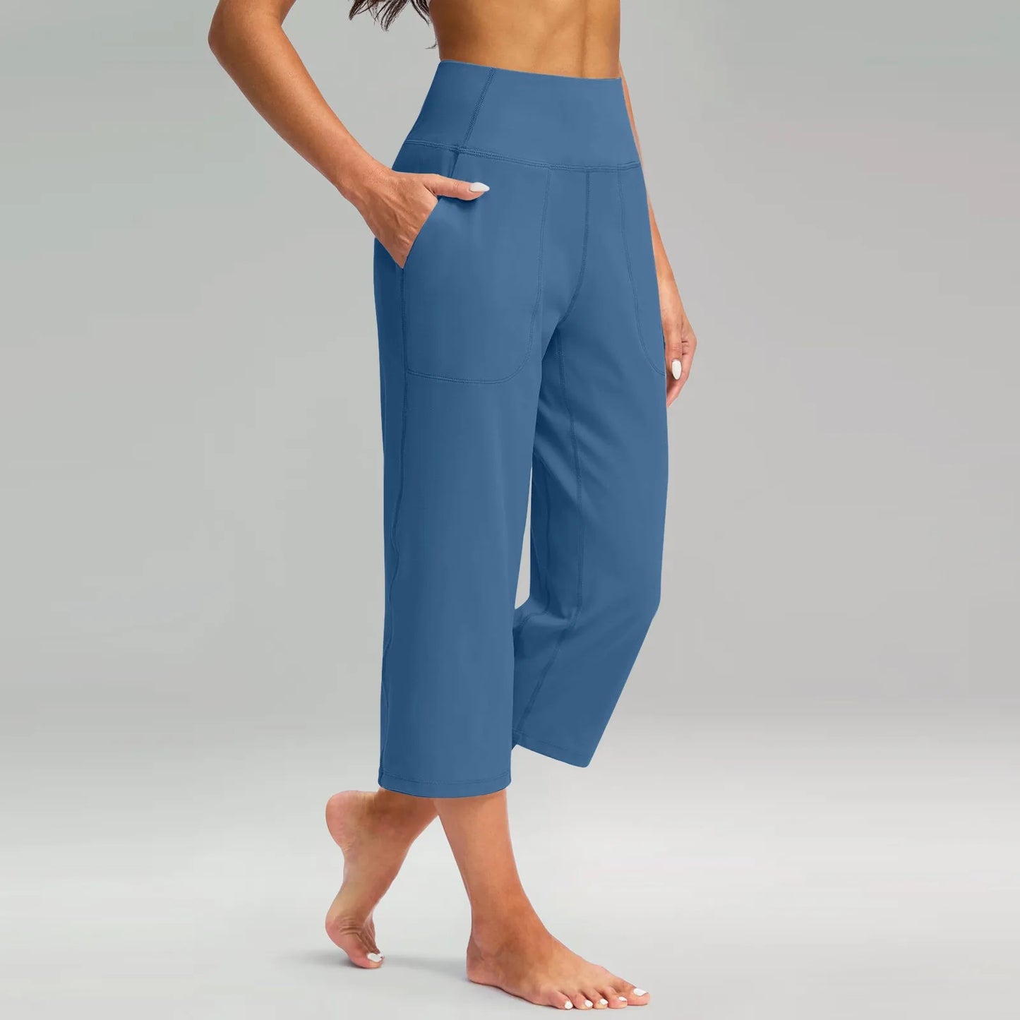 Casual straight sweatpants for women Elastic High Waist 3/4 Pants Sports Capris Leg Pants With Pockets Comfortable Trousers
