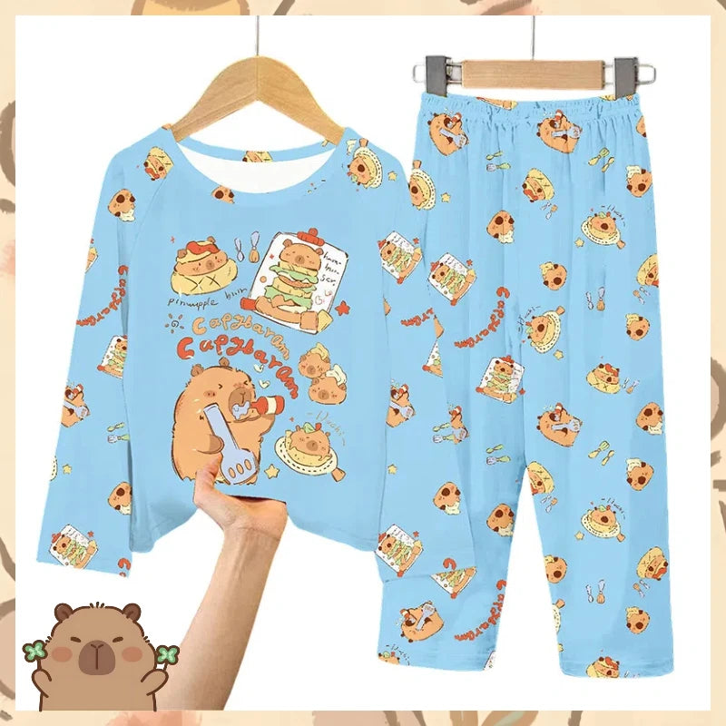 Capibara Kids Pajama Sets Long Sleeve Loungewear with Cute Animal Print Soft Sleepwear for Boys/Girls Cartoon Sleep Pants Outfit