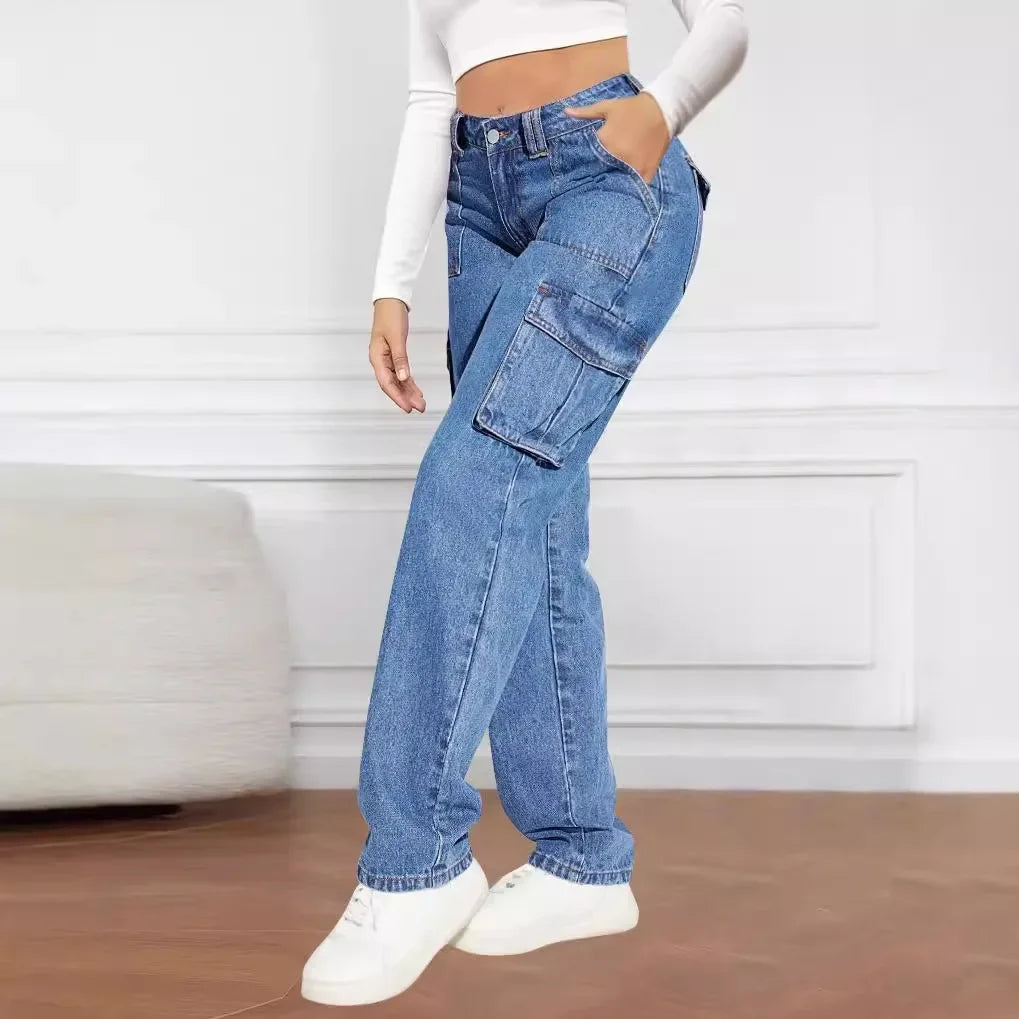 American Retro Mid-waist Multi-pocket Cargo Pants Jeans, Women's Casual Loose Straight Long Pants, Patchwork Jeans,Spring Autumn