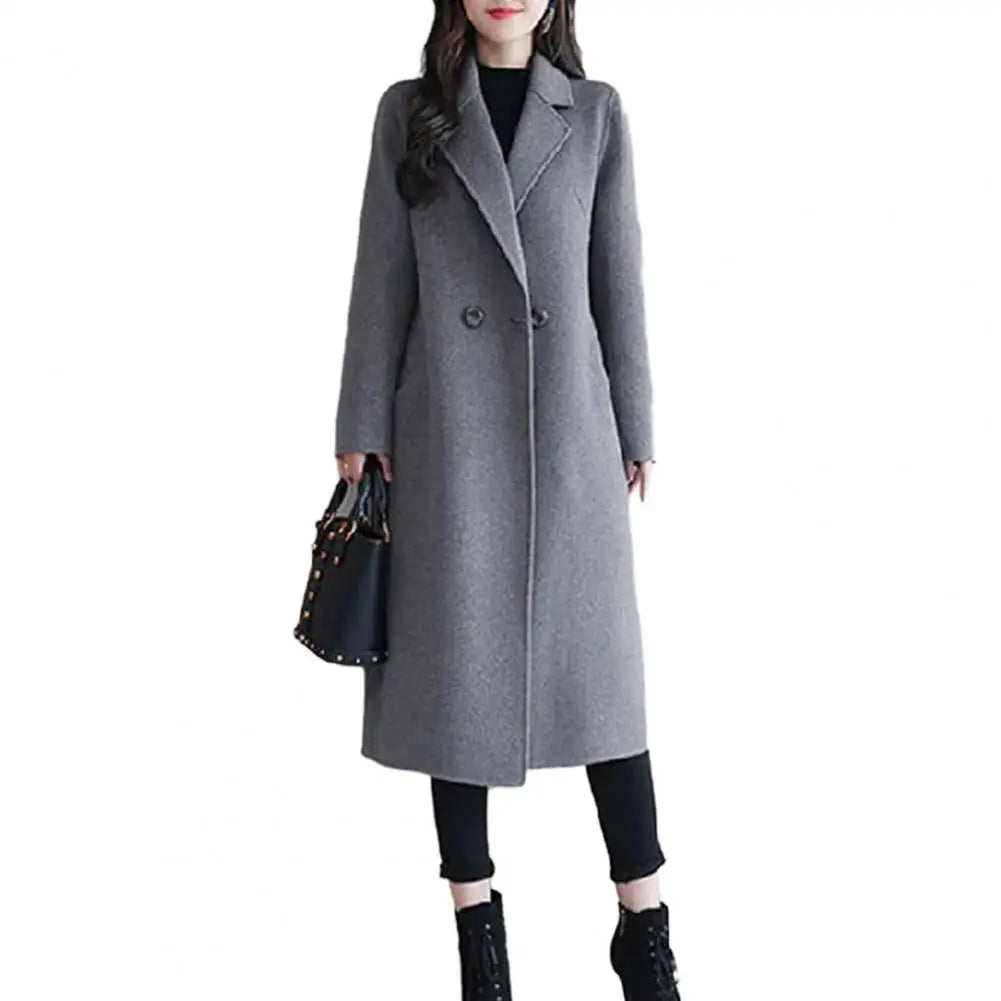 Women Woolen Coat Elegant Lapel Woolen Coat with Two Buttons Pockets for Women Stylish Mid-length Cardigan Outwear for Autumn
