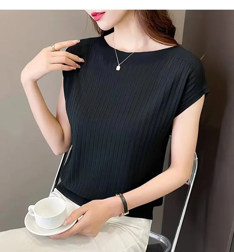 2025 New Spring Autumn Fashion Straight Neck Knitted Sweater Short Sleeve Women Solid Color Simple Casual Tops Fema