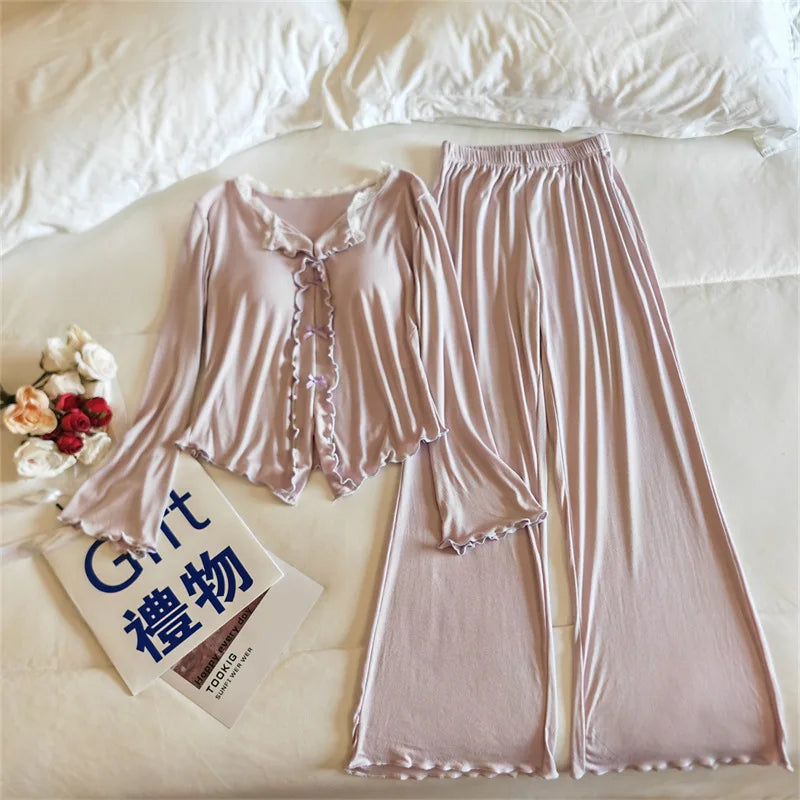 Pijama Feminina New Modal Chest Pad Set 2 Piece Woman Long Sleeve Pajama Sets Casual Korean Sleepwear Pyjamas Femme Home Wear