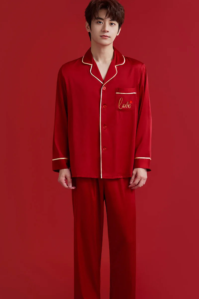 Couples Casual Red Pajamas Ice Silk Women Mens Pajama Pants Sets Satin Long Sleeve Sleepwear Home Pijama Night Wear Loungewear