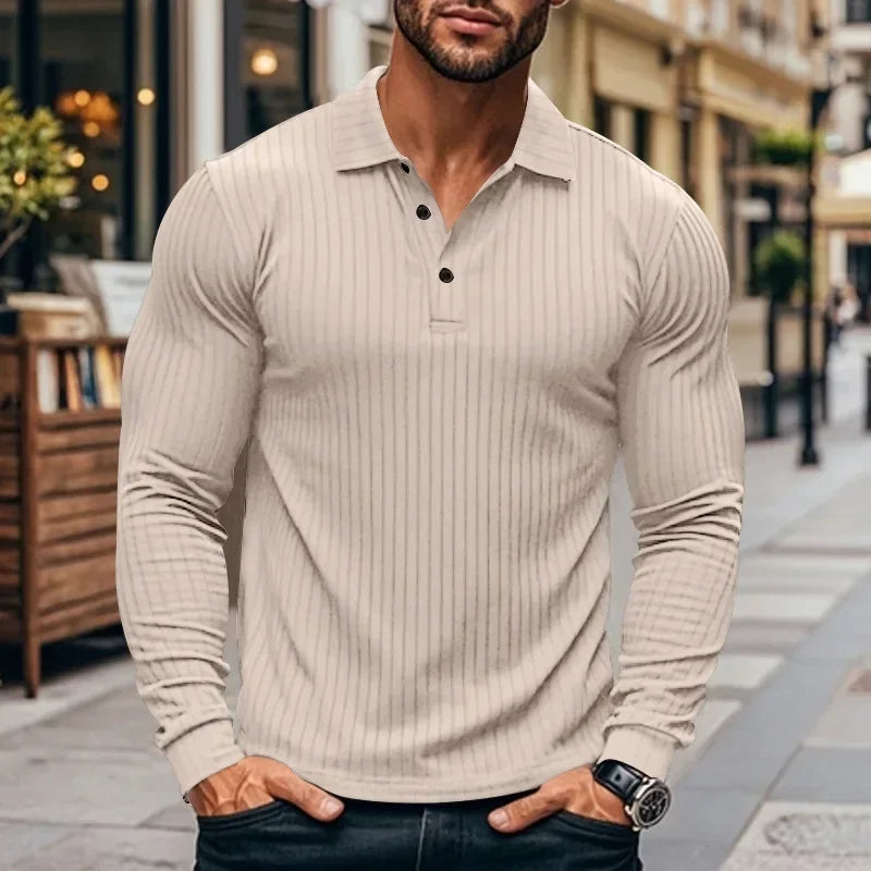 Business Striped Polo Shirt Men 2025 Autumn Men's American Lapel Tops Button-up Long-sleeve T-shirt Elastic Stripe Polo Shirts
