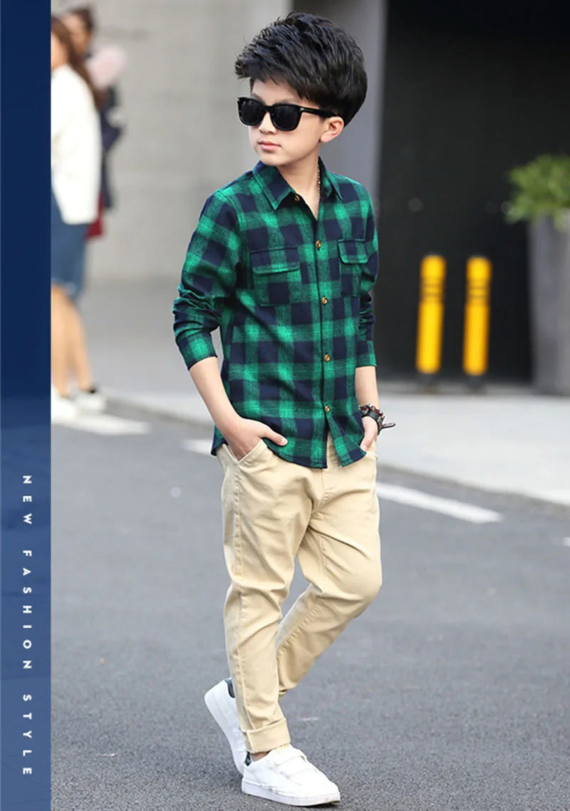 Boys Shirts Fashion Children Plaid Shirts Cotton Long Sleeve Boys Tops Shirt Teenage Kids Boys Clothes 5 6 8 9 10 12 14 15 Years