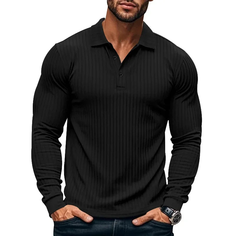 Business Striped Polo Shirt Men 2025 Autumn Men's American Lapel Tops Button-up Long-sleeve T-shirt Elastic Stripe Polo Shirts