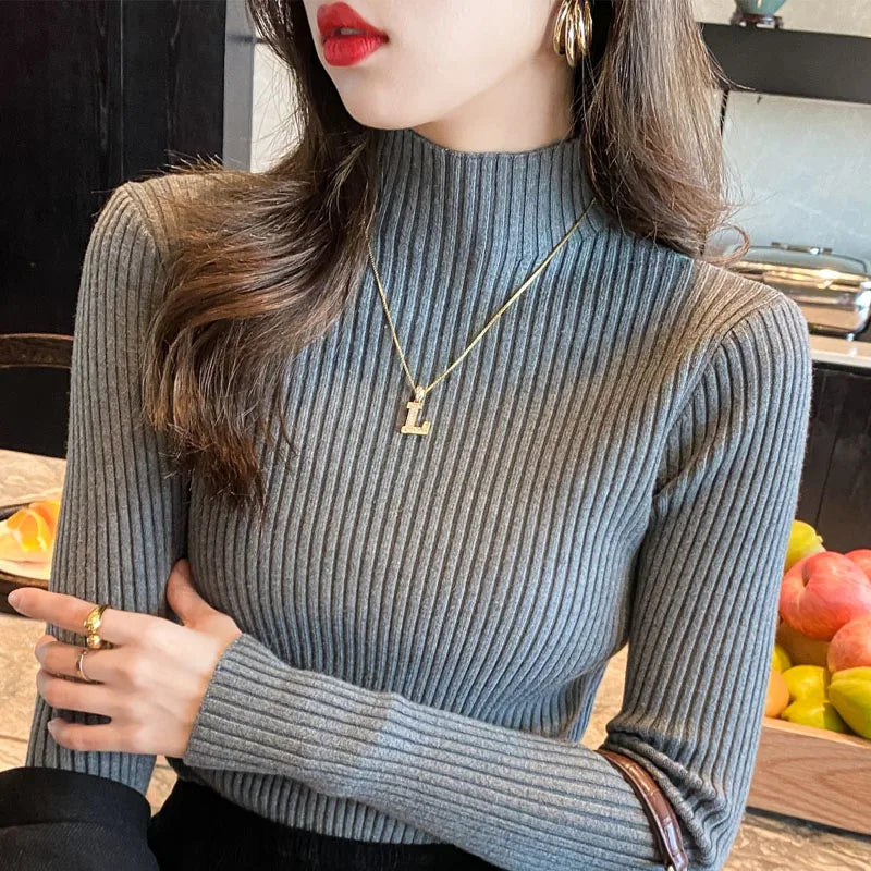 Winter Long Sleeve Mock Neck Knitted Women Sweater Pullover Slim Knit Sweater Women Tops Blusas Mujer De Moda 2024 Blusa J995