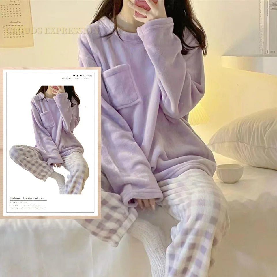 Autumn Winter Flannel Women's Pajamas Sets Polka Dots Printed Teddy Sleepwear Velvet Homewear Kawaii Girsl Pijamas Mujer Pyjama
