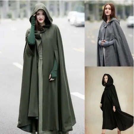 Women Long Cape Cloak Stylish Hooded Wool Blend Cloak Coat Ladies Autumn Hoodies Poncho Warm Cosplay Jackets Outwear Windbreaker
