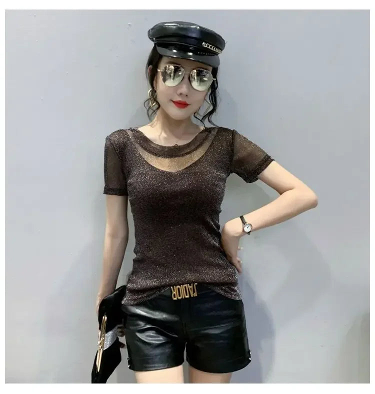 Summer Women Clothing 2025 New Half-sleeved Fashionable Short-sleeved T-shirt Hollow Mesh Top Lace Pullover