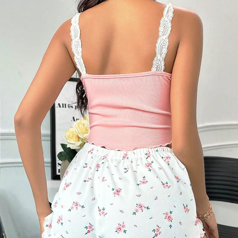 Women's Pink Cami Pajama Set Floral Print Wide Leg Pants Lace Trim Ribbed Sleepwear Soft Comfortable Pj Set New Trendy Fashion