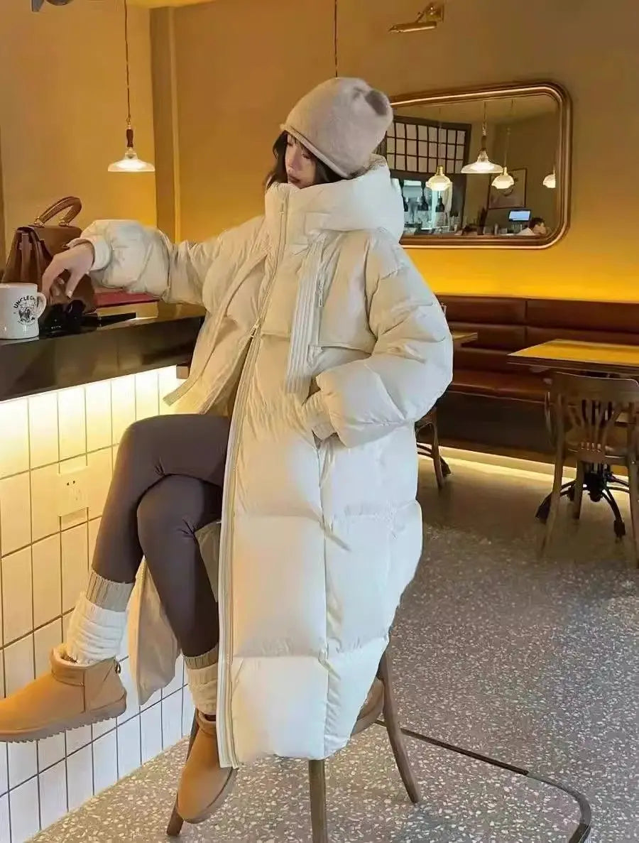 Black Winter Coat 2025 New Women's Thick Cotton Parka Jacket Korean Oversized Loose Hooded Coats Female Casual Long Overcoat