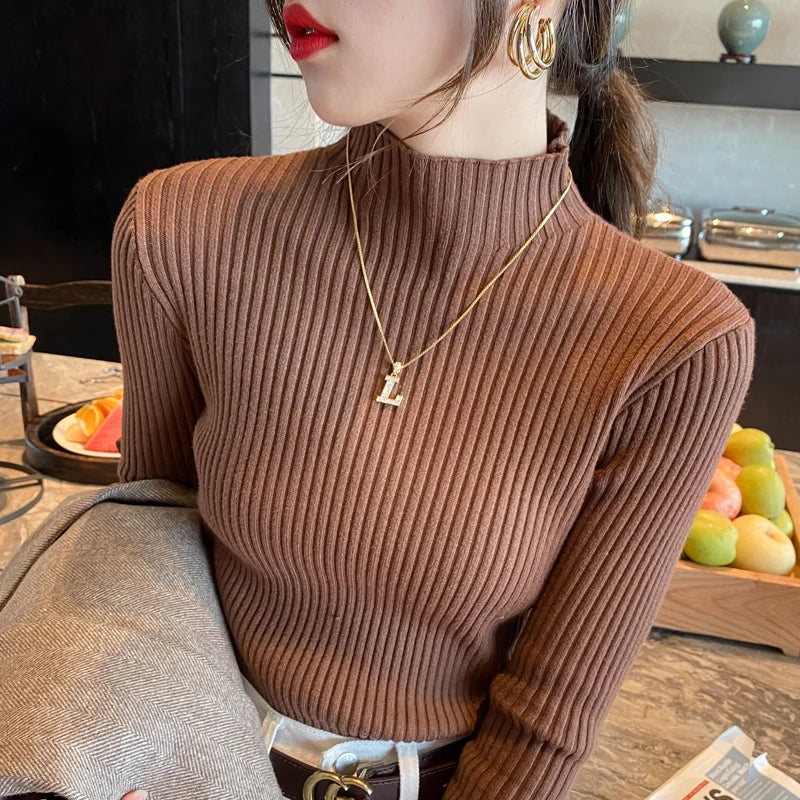 Winter Long Sleeve Mock Neck Knitted Women Sweater Pullover Slim Knit Sweater Women Tops Blusas Mujer De Moda 2024 Blusa J995