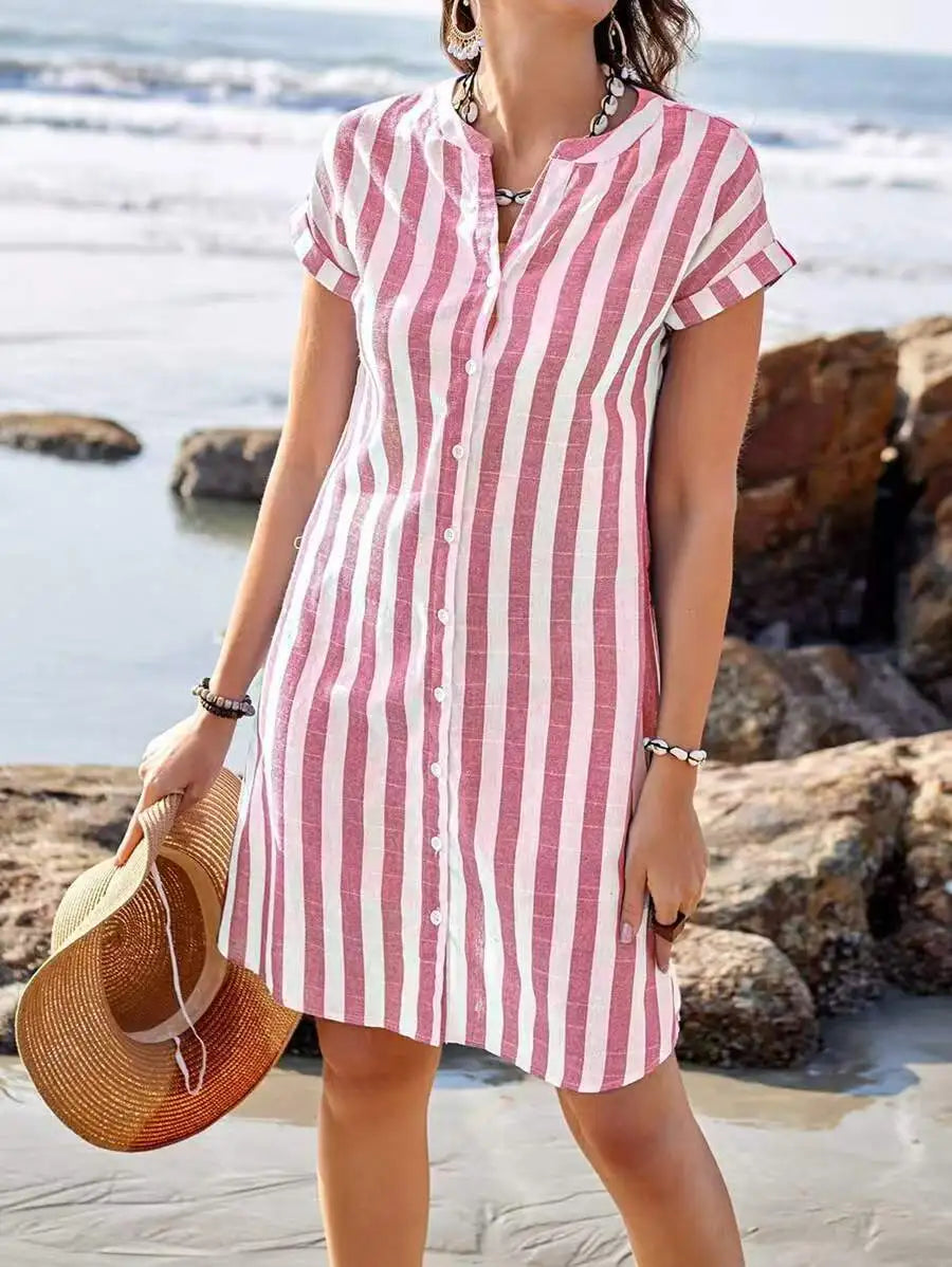 Women's Fashion Summer Shirt Dress Elegant Casual Striped Stand Collar Front Button Loose Short Sleeves Dresses