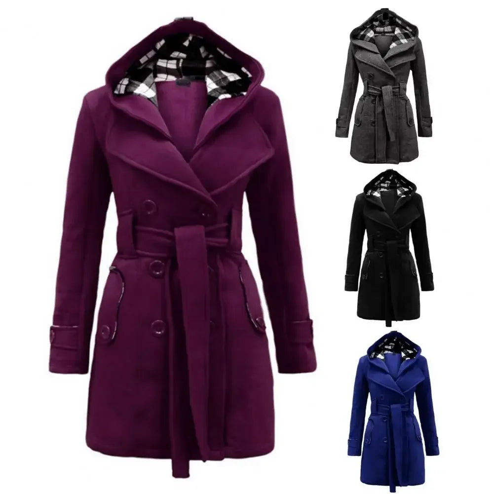 British Style Women Woolen Coat with Belt 2025 Double-Breasted Winter Coat Women's Jacket Double Neckline Plaid Hooded Overcoat