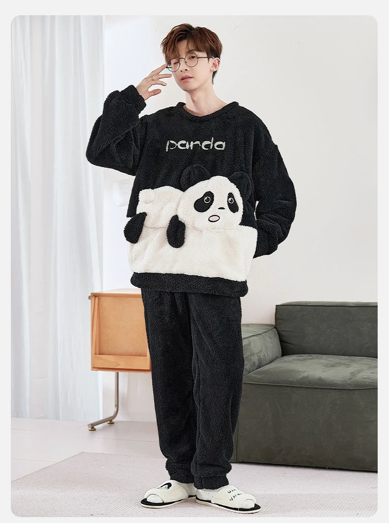 Winter Korean Men Pajamas Sets Adult Sleepwear Home Clothes Thicken Soft Pijama Suit Loungewear Loose Bear Male Pyjama Clothing