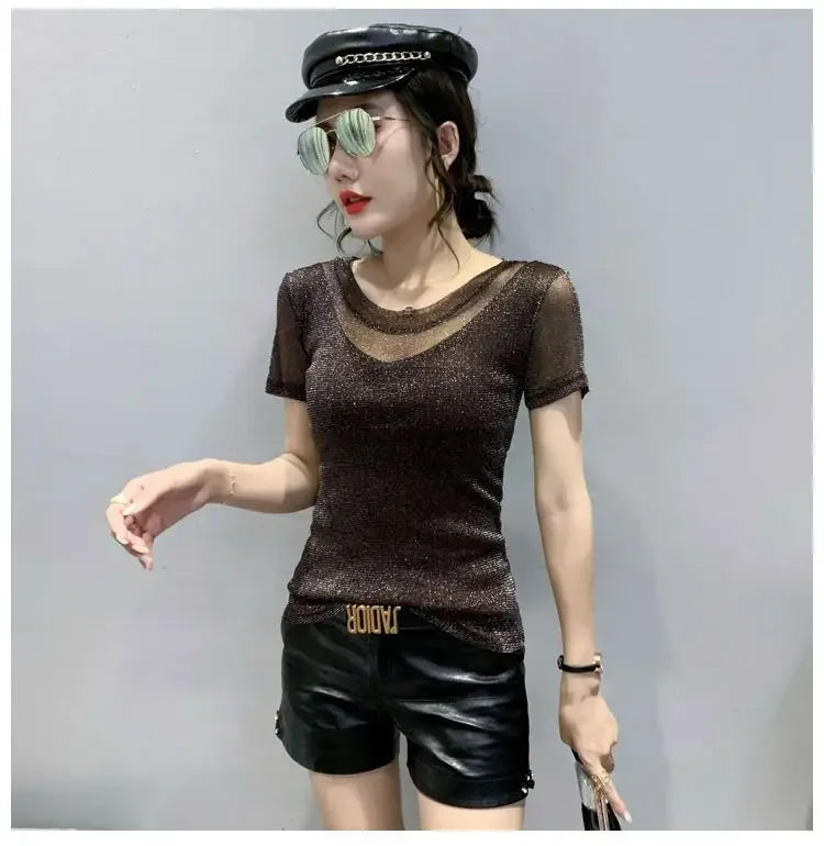 Summer Women Clothing 2025 New Half-sleeved Fashionable Short-sleeved T-shirt Hollow Mesh Top Lace Pullover