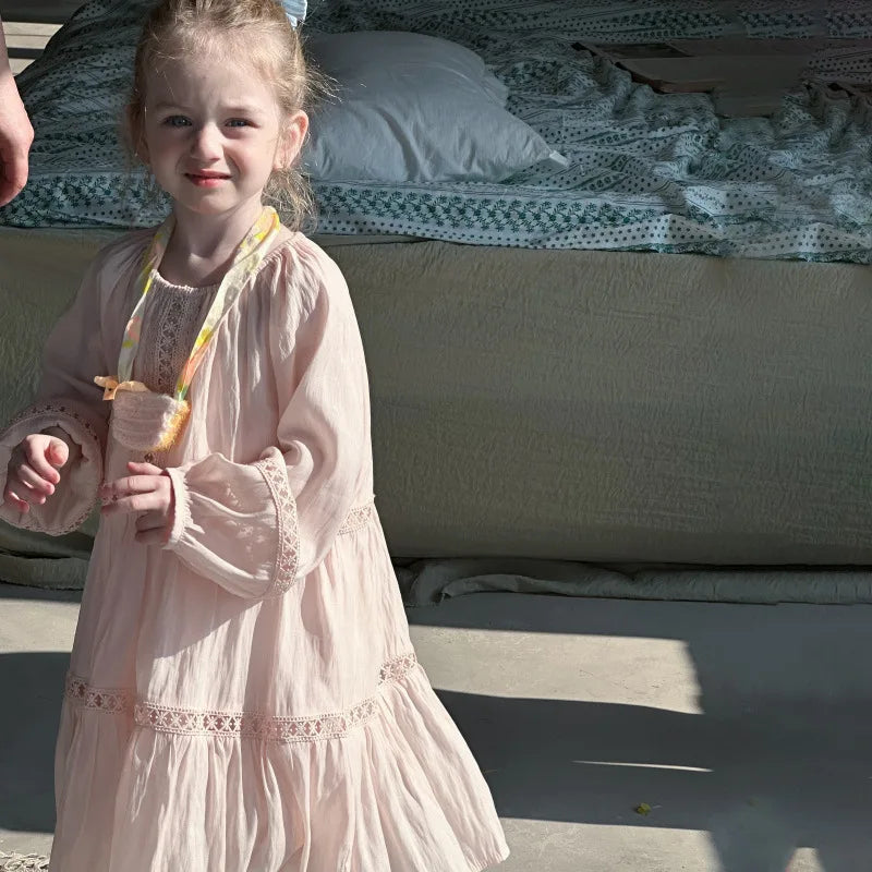 Girls Dress 2025 Spring New Elegant Lace Dress Sweet Girls Long Dress Ruffle Kids Dress For Girls