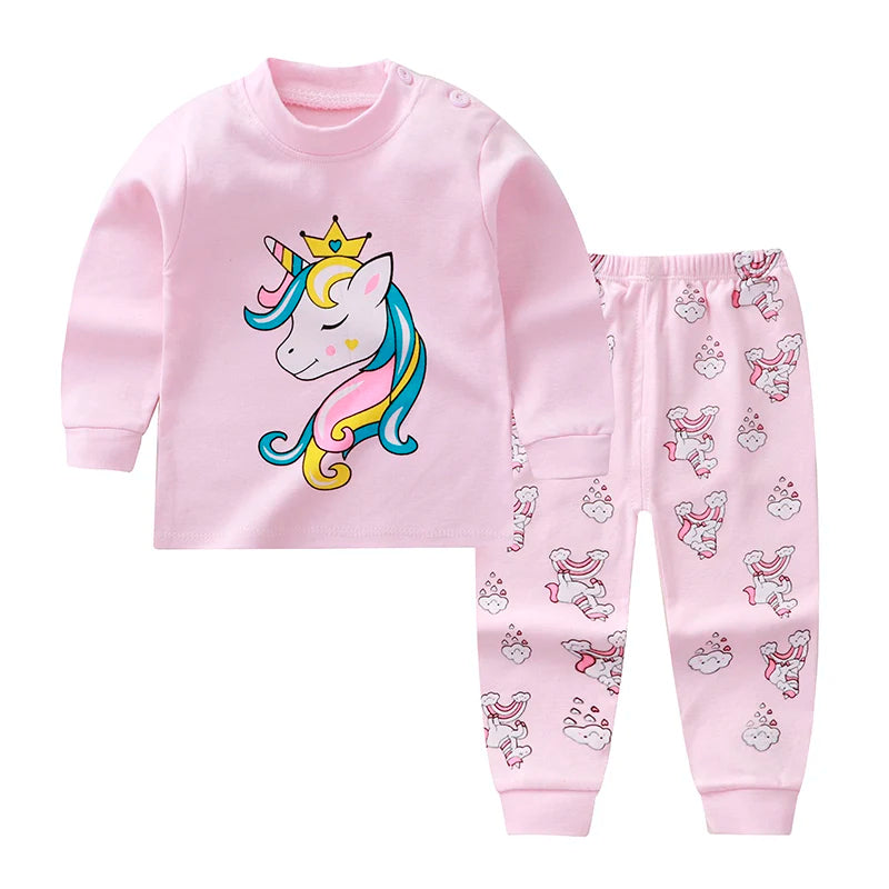 Boy Girl Pajama Set Cartoon Unicorn Long Sleeve Underwear Elastic Waist Pants Outfits for Kids Clothes Autumn Spring DS39