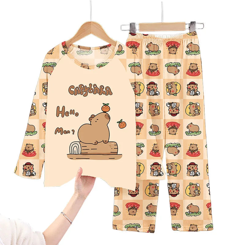 Capibara Kids Pajama Sets Long Sleeve Loungewear with Cute Animal Print Soft Sleepwear for Boys/Girls Cartoon Sleep Pants Outfit