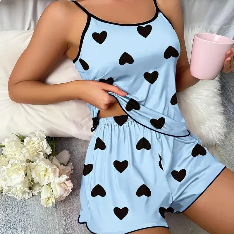 Summer New Women's Pajama Set Breathable Soft Casual Love Printed Design Sweet Home Strap Shorts Pajamas