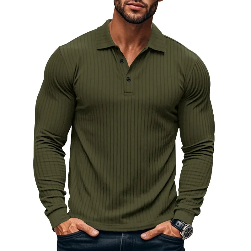 Business Striped Polo Shirt Men 2025 Autumn Men's American Lapel Tops Button-up Long-sleeve T-shirt Elastic Stripe Polo Shirts