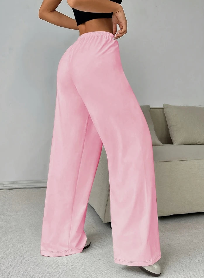 Women's Pants 2024 Spring Fashion Solid Color Low Waisted Casual Elastic Waisted Lace Up Wide Leg Daily Sports Pants