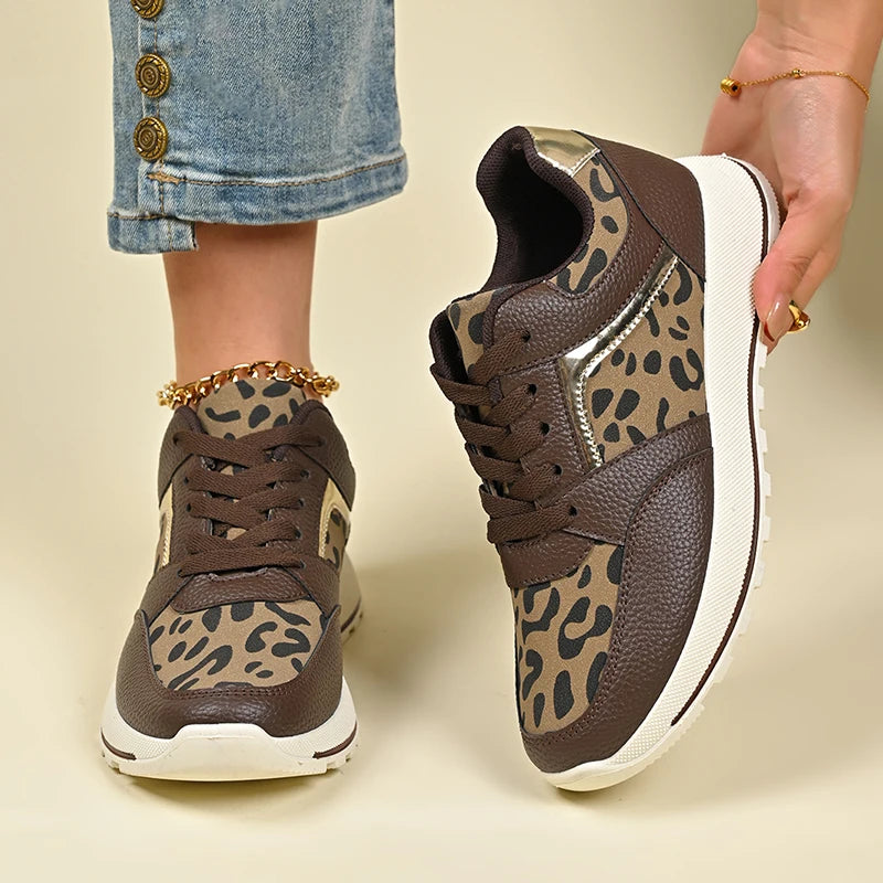 2025 Spring Leopard Print Platform Sneakers Women Black Thick Bottom Vulcanized Shoes Woman Cozy Lace Up Wedge Sport Shoes Woman