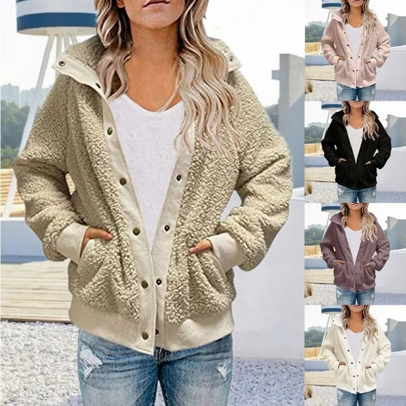 Women Winter Coat Solid Color Long Sleeves Zipper Cardigan Loose Warm Furry Plush Plus Size Lady Coat Winter Clothes