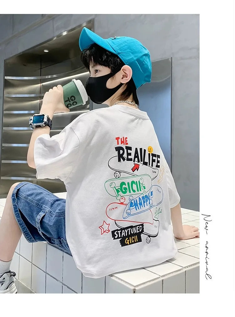 Summer Kids Clothes Streetwear Fashion English Skateboard Print T Shirt 100%Cotton Tops Tees Children Short Sleeve Boys Clothes