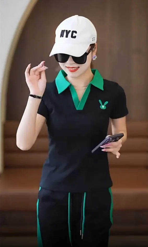 Women's Casual Sports Suit 2025 New Summer Spring Style Clothes Fashion Short Sleeve Lapel T-shirt Wide Leg Pants Two Piece Set