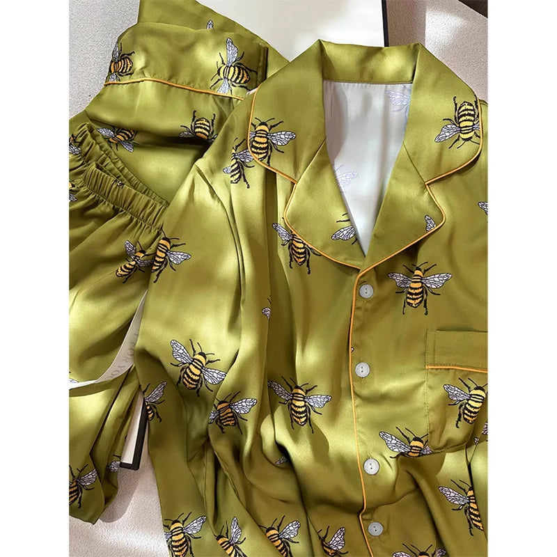 Women's 2PCS Pajama Set Pocket Silk Satin Sleepwear Spring Autumn fashion Print Pyjama Long Sleeve Pijama Mujer Pjs Homewear