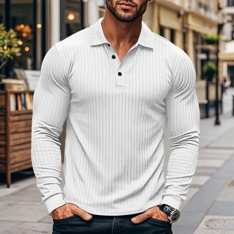 Business Striped Polo Shirt Men 2025 Autumn Men's American Lapel Tops Button-up Long-sleeve T-shirt Elastic Stripe Polo Shirts