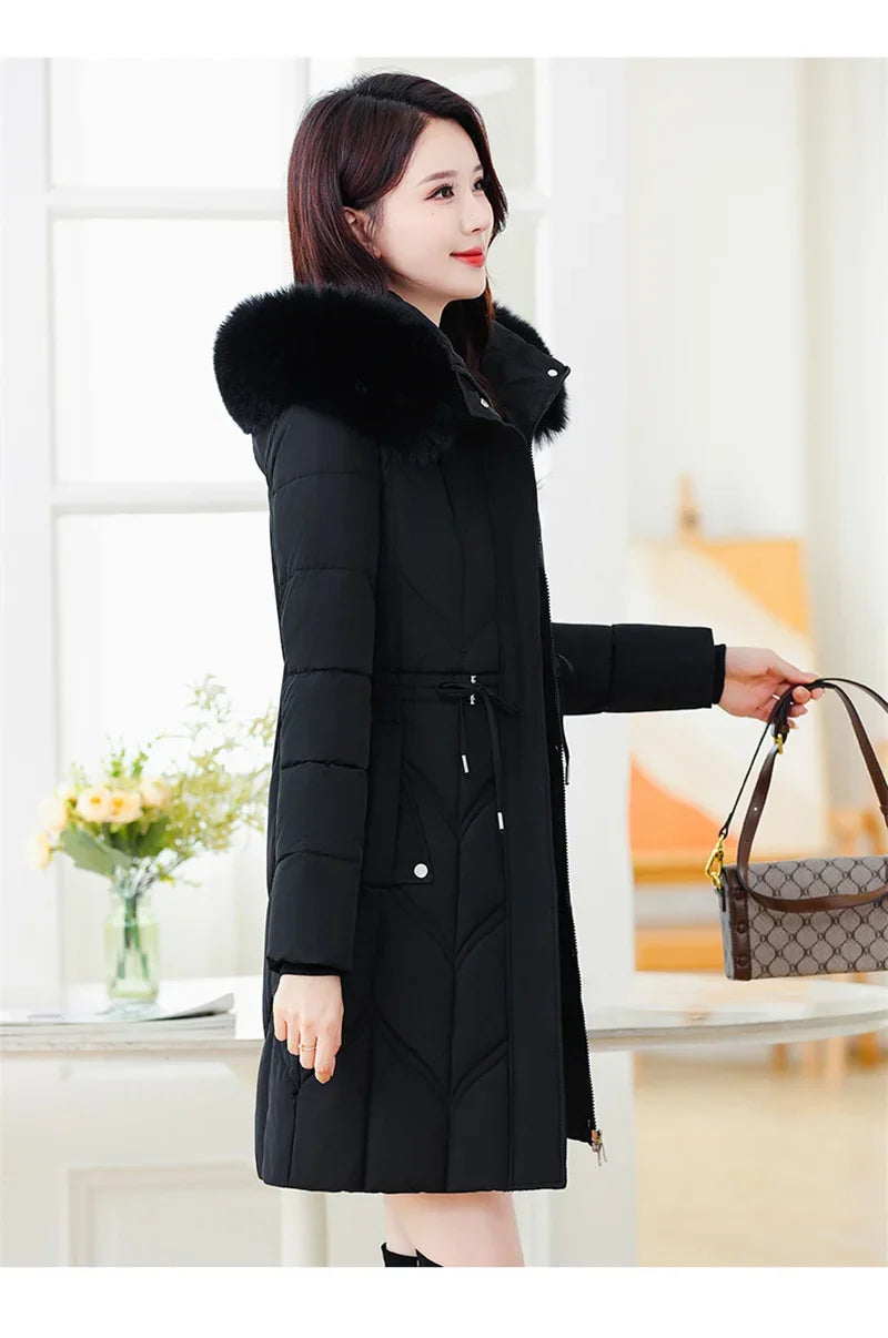 Women Down Cotton Jacket 2025 Mid Long Warm Ladies Outerwear Slim High-End Loose Women Winter Parka Coat Female Cotton Clothes