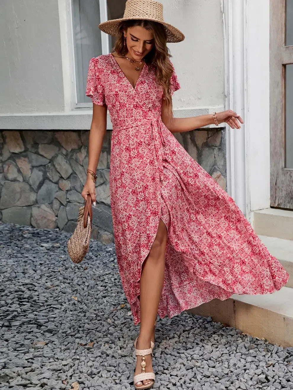 New Summer Women's V-neck Print Short-sleeve One-piece Belted Dress Beach Vacation Style Midi Skirt Regular Waistline