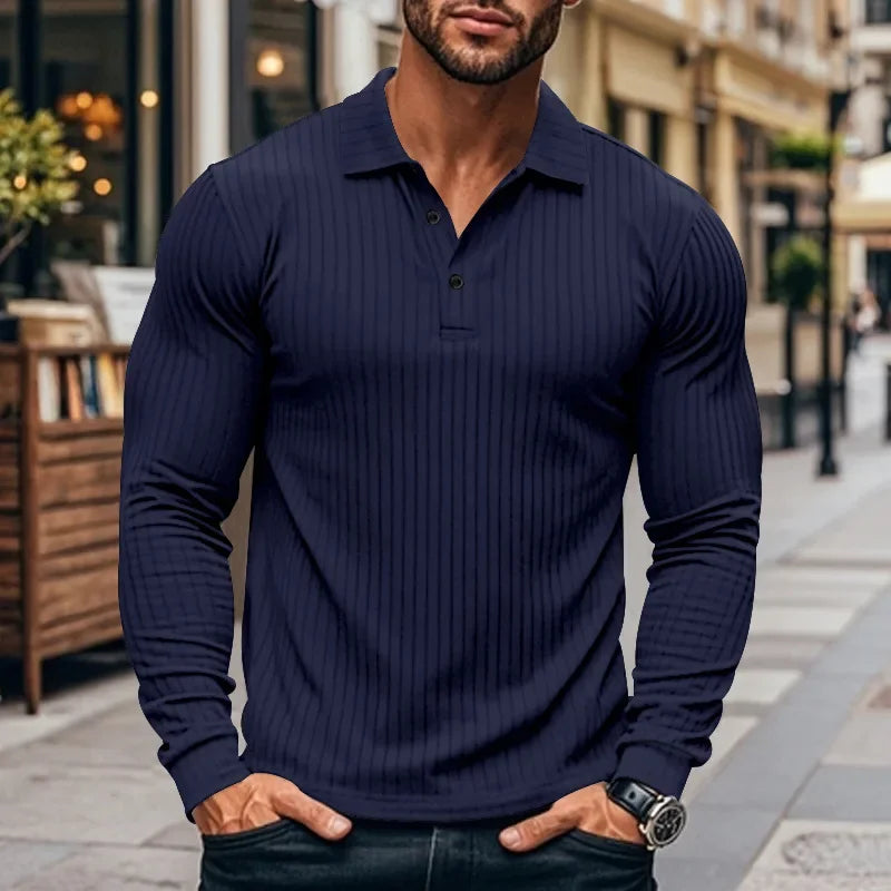 Business Striped Polo Shirt Men 2025 Autumn Men's American Lapel Tops Button-up Long-sleeve T-shirt Elastic Stripe Polo Shirts
