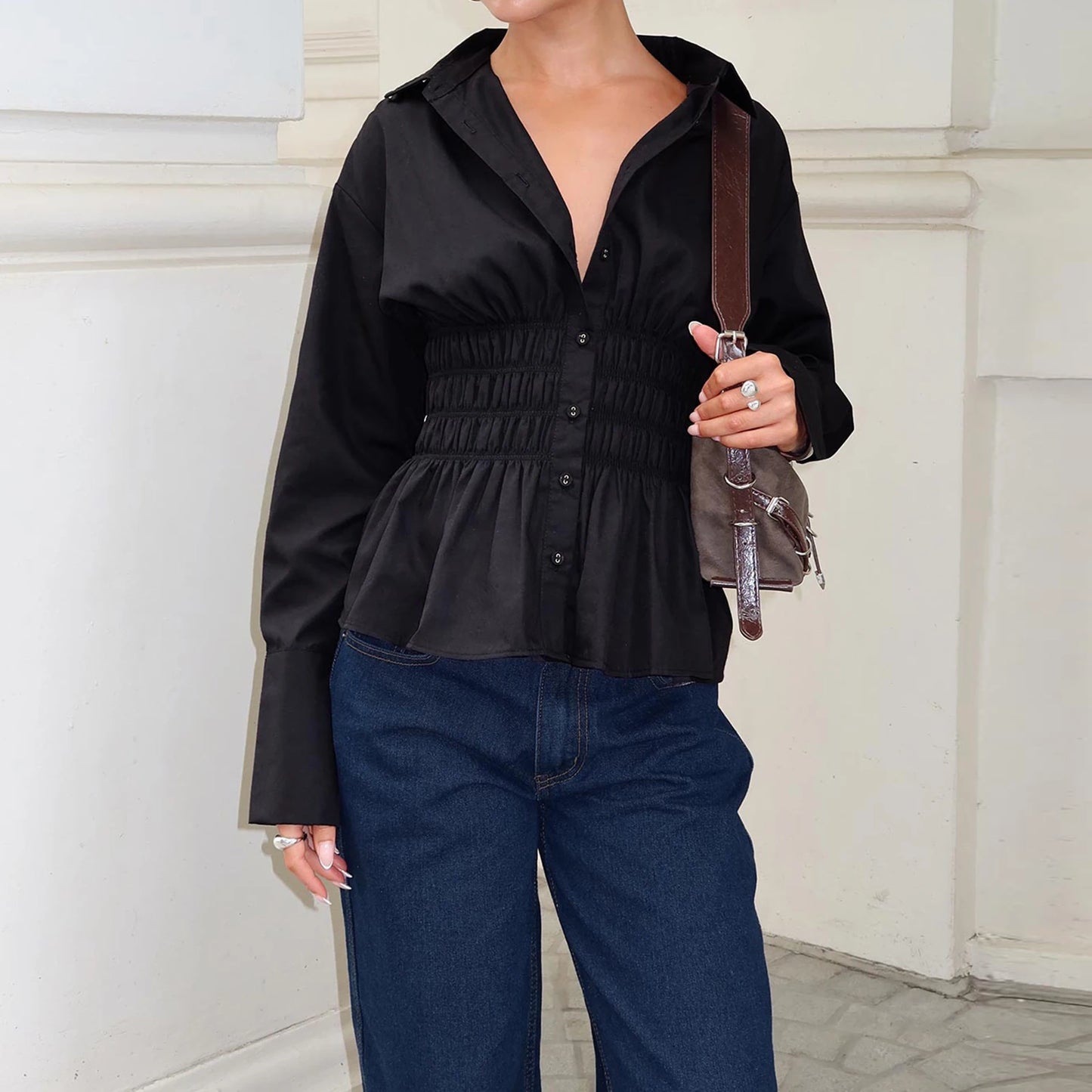 Women Chic Vintage Blouse Tops Ladies Fashion Classic Shirt Autumn Scrunched Button Up Long Sleeve Turn Down Collar T-shirt