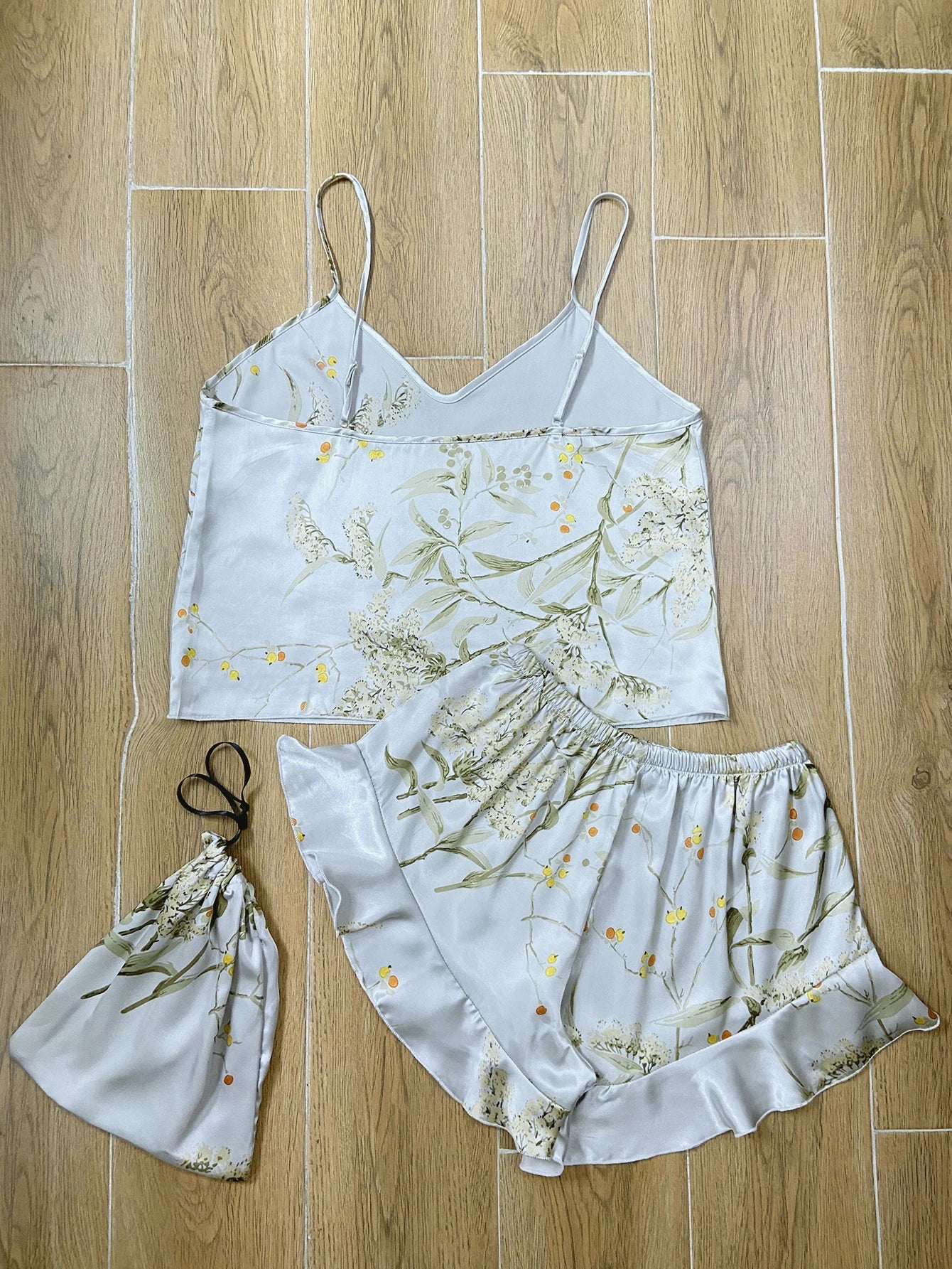 Elegant Floral Print Cami Tops Ruffle Hem Shorts Pajama Set Women's Sleepwear Loungewear